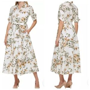 Calvin Klein Floral Maxi Dress Belted Shirt Dress Size 8 Cotton